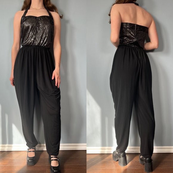 Pants - Vintage 80s Jumpsuit, 1980s Black Metallic Halter Parachute Pant One Piece